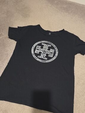 Tory Burch Black Short Sleeve Tee with White Lacey Logo